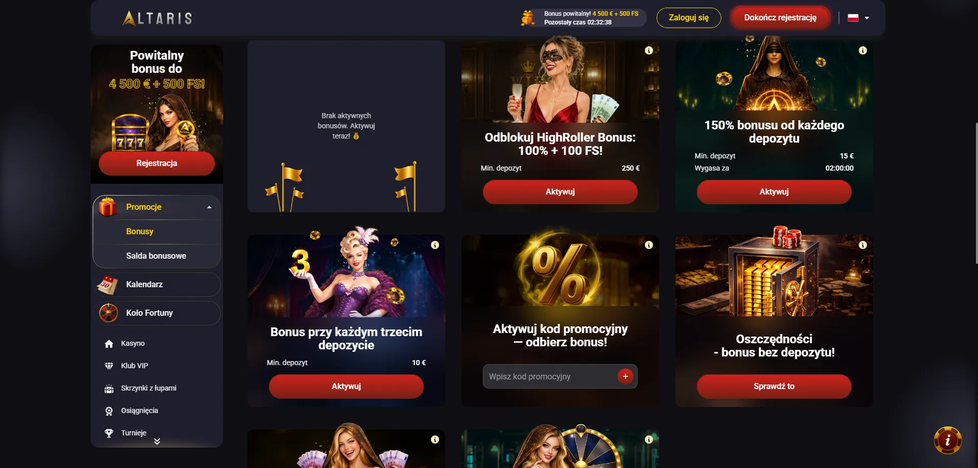 Altaris Casino bonus powitalny do €1500 plus darmowe spiny